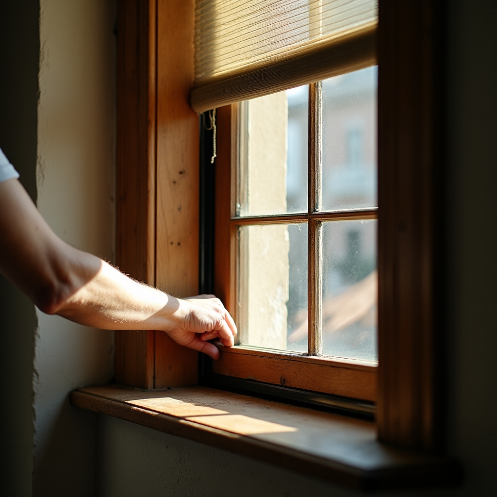 Person bringt Dichtungsband an einer Fensterlaibung an, Nahaufnahme