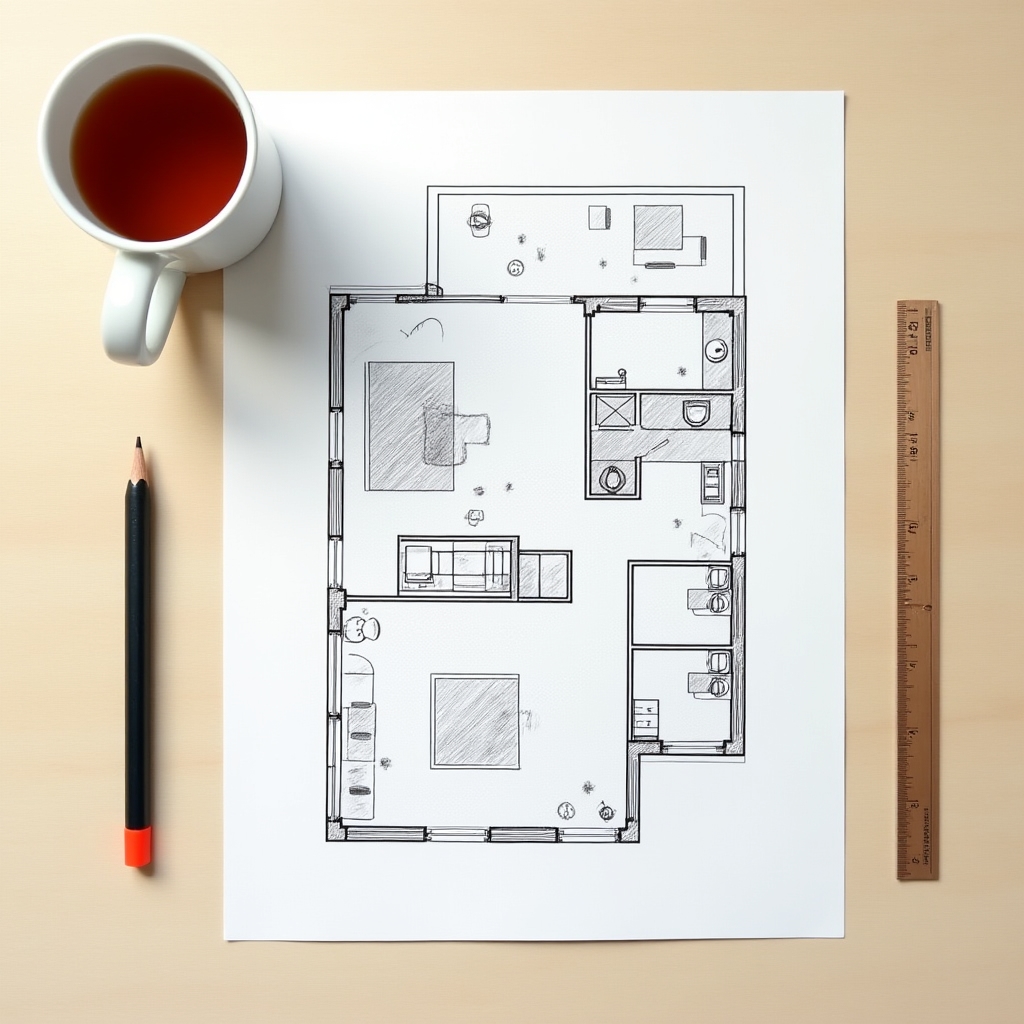 Draufsicht auf einen Wohnungsgrundriss mit Notizen und Stift von oben fotografiert